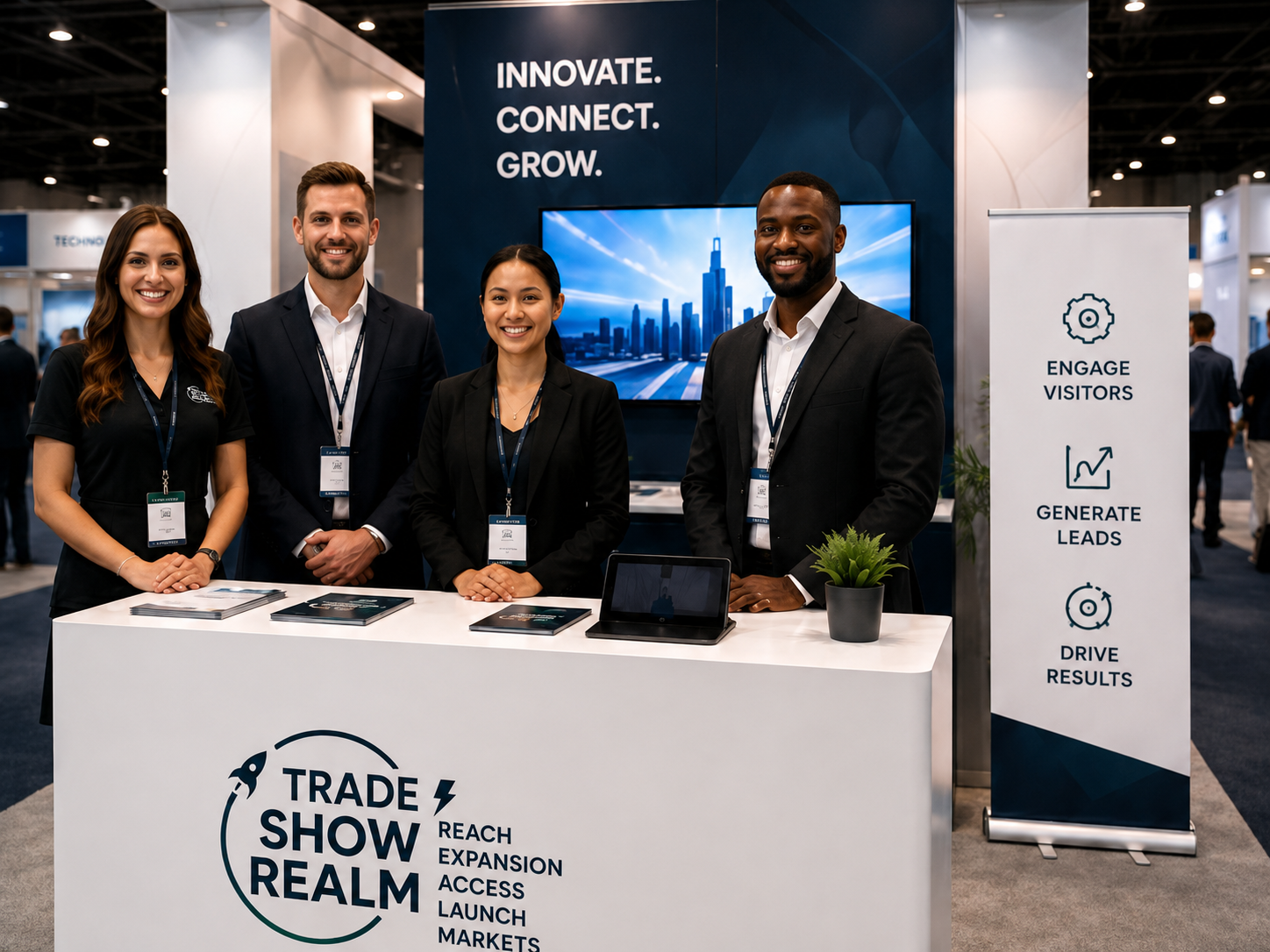 Trade show booth staff greeting attendees