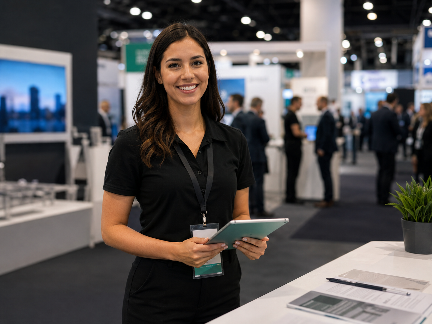 Booth staff at an exhibition desk