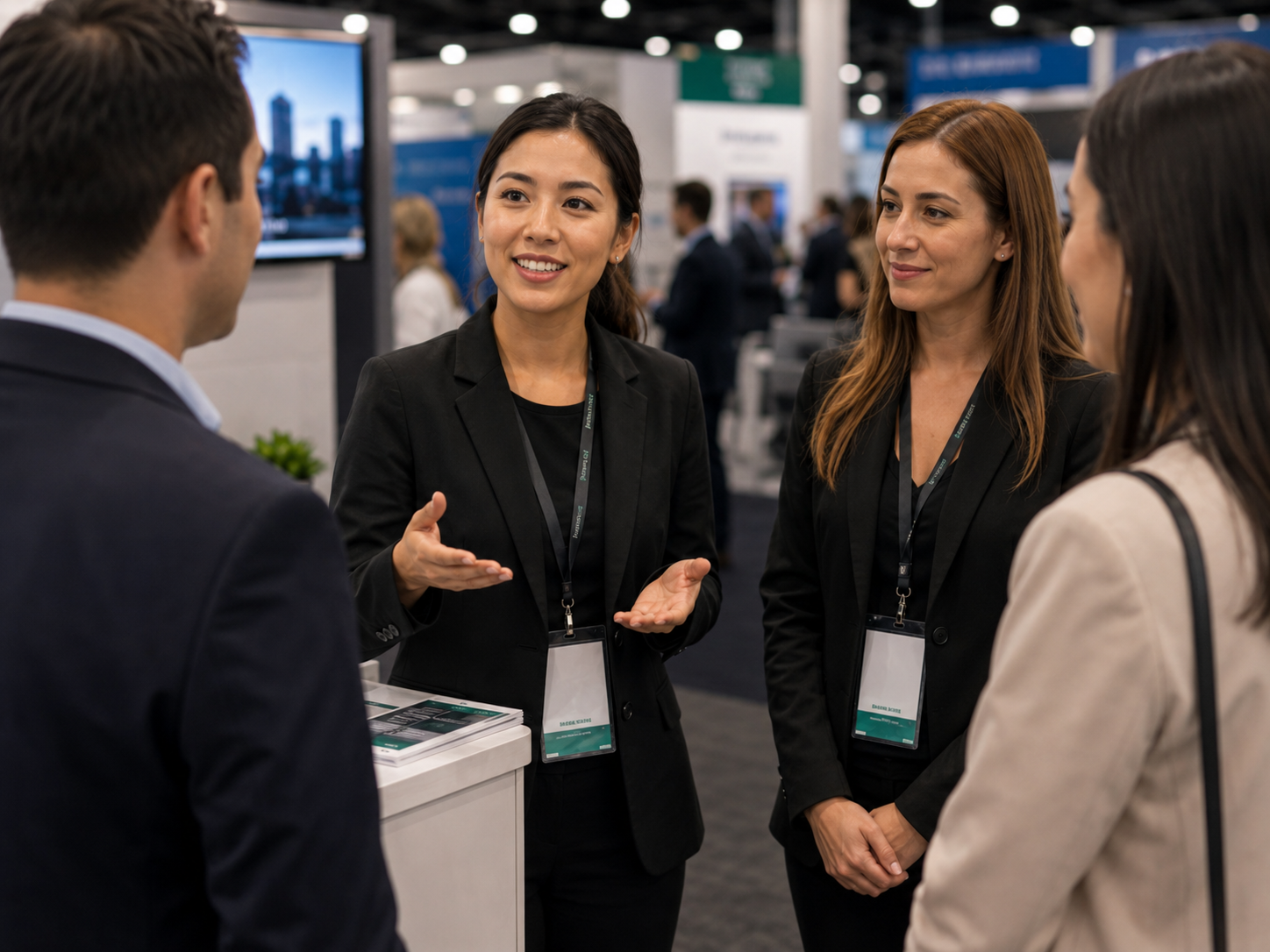 Interpreter speaking with trade show guests