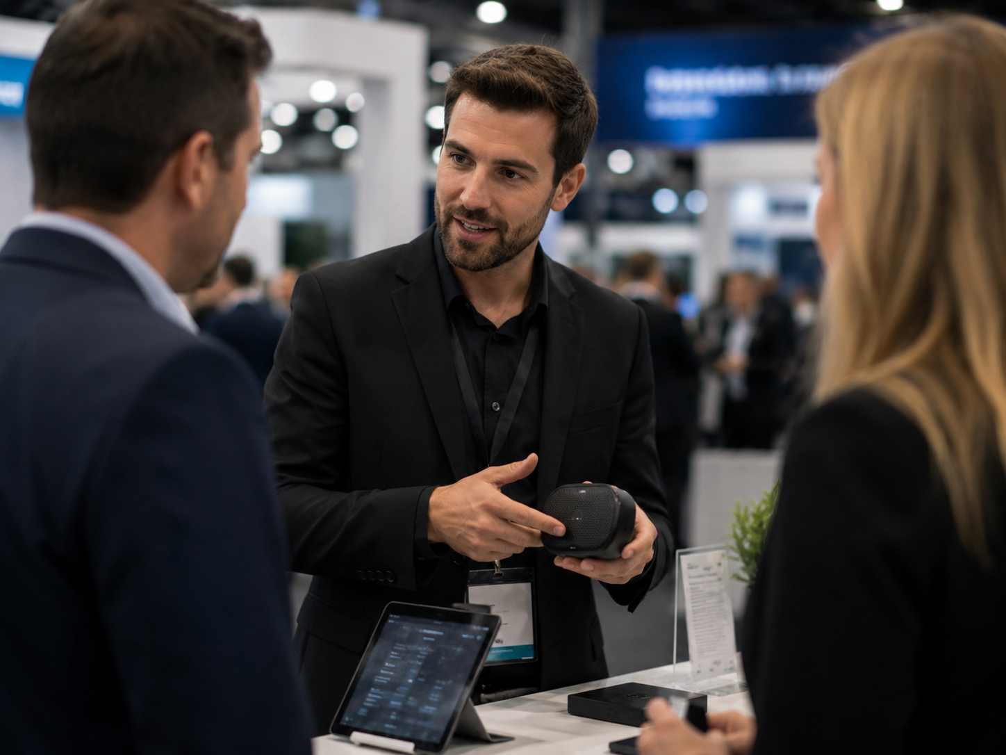 Product demonstrator showing an item to a visitor