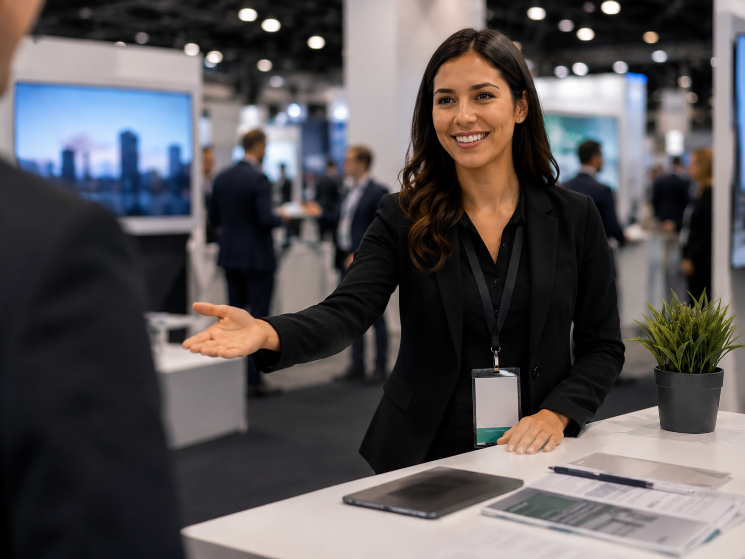 Hostess assisting a guest at a trade show booth